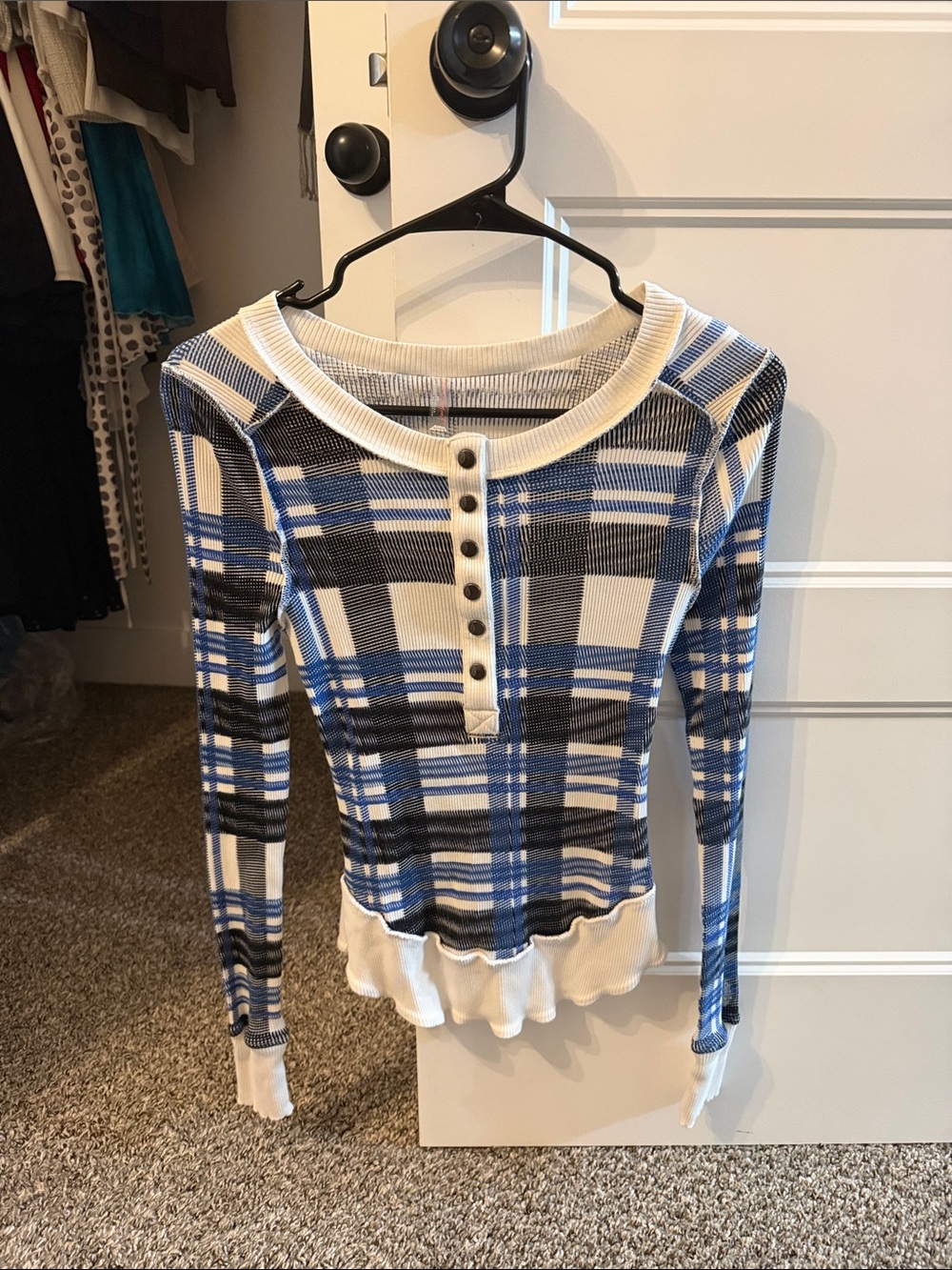 FP Movement by Free People Blue Black White Plaid Ribbed Henley